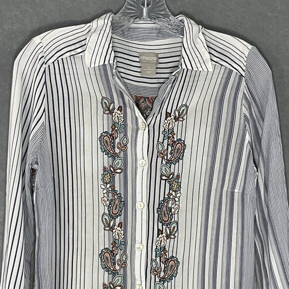 Chico's Top Womens‎ Sz S (0) Button Up Floral Embroidery Striped Paisley Boho - Picture 4 of 15